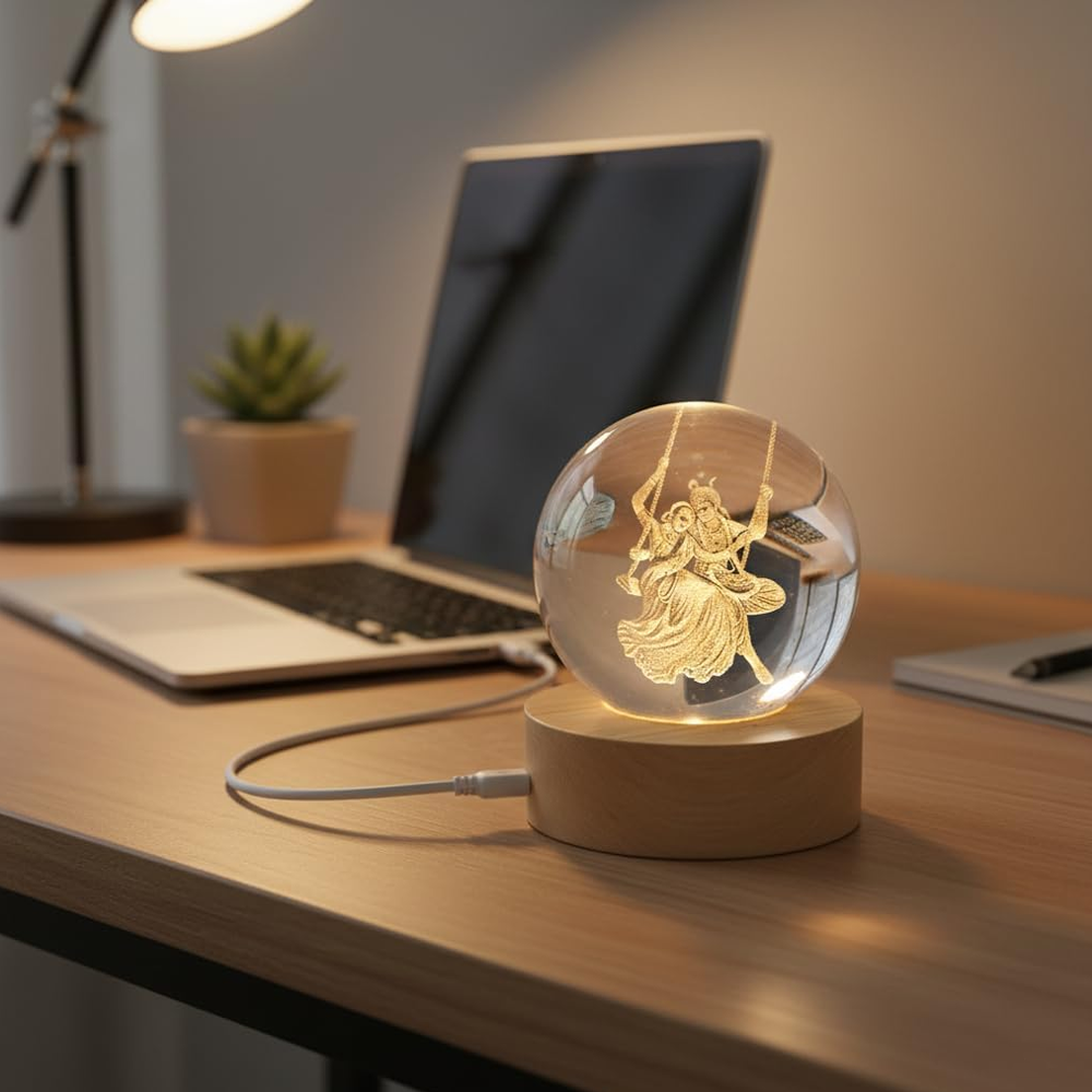 3D Crystal Glass Night Lamp Radha Krishna