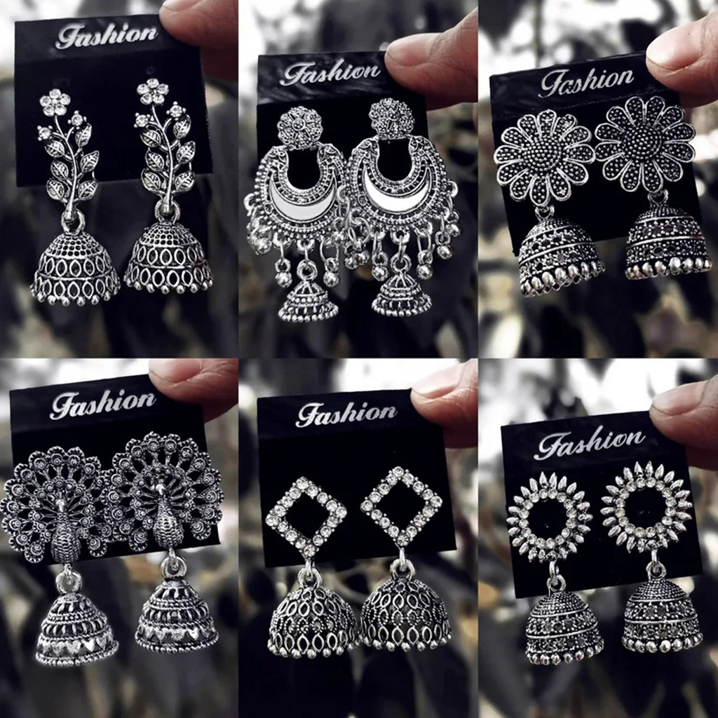 Oxidized Silver Jhumka Earrings 6 Pair