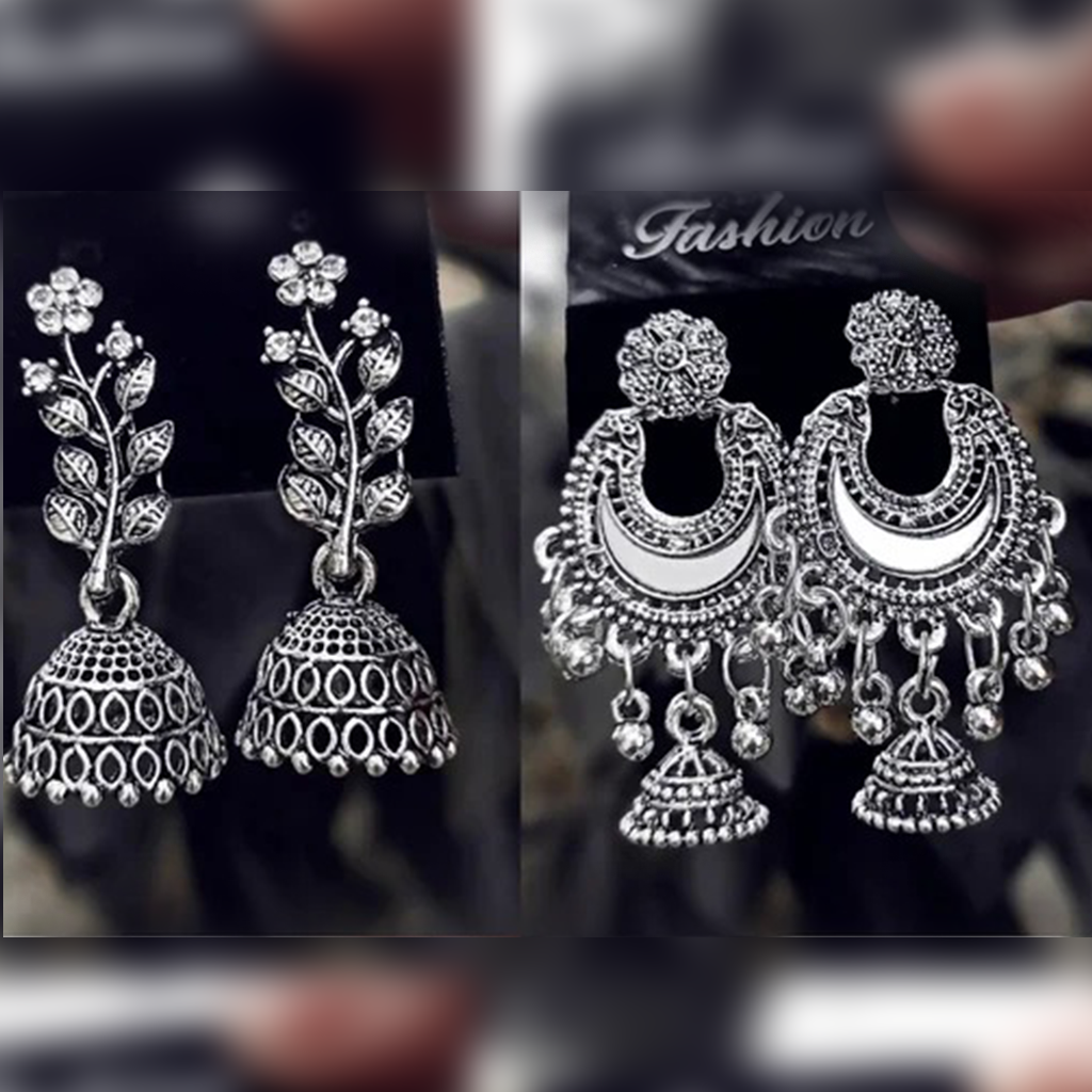 Oxidized Silver Jhumka Earrings 6 Pair