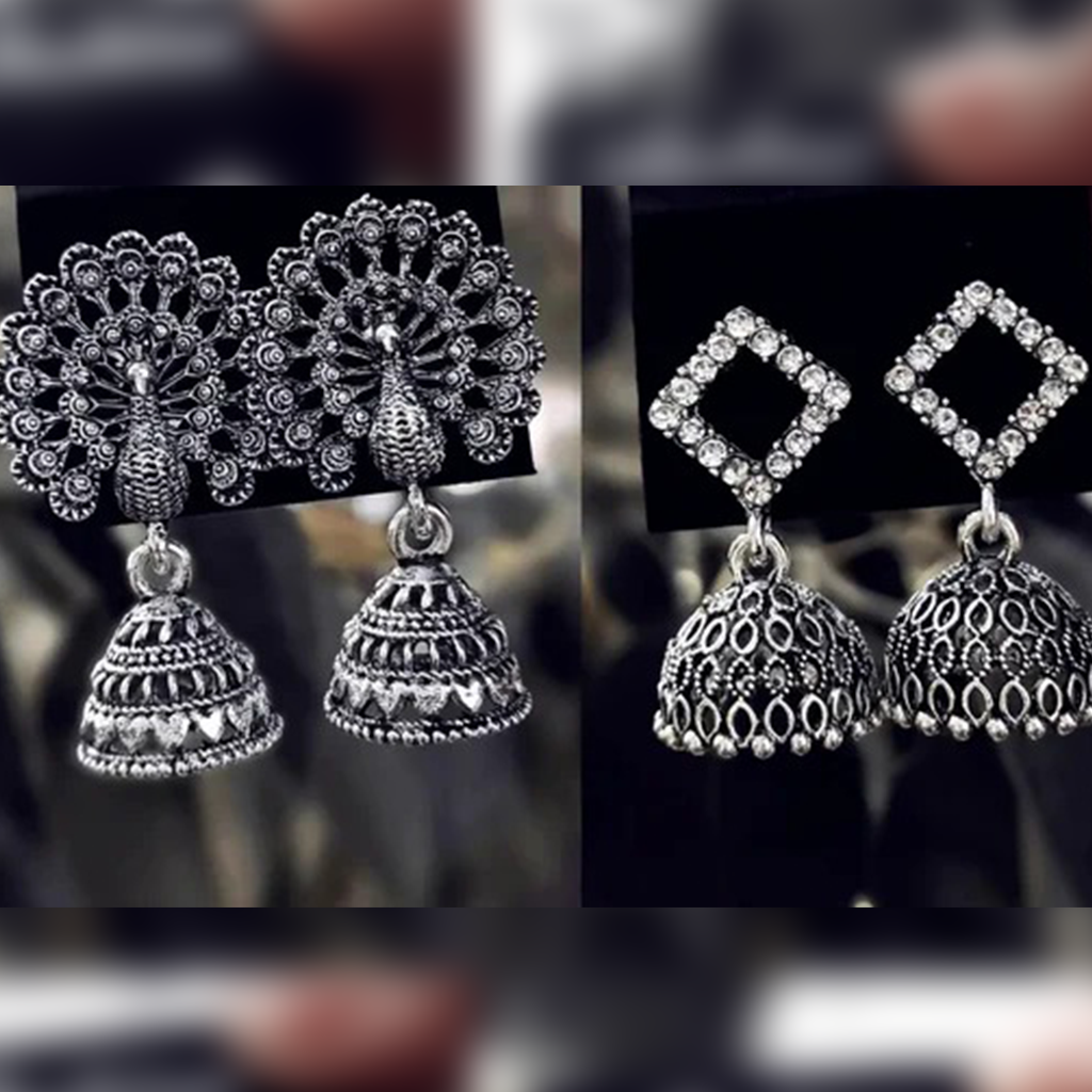 Oxidized Silver Jhumka Earrings 6 Pair