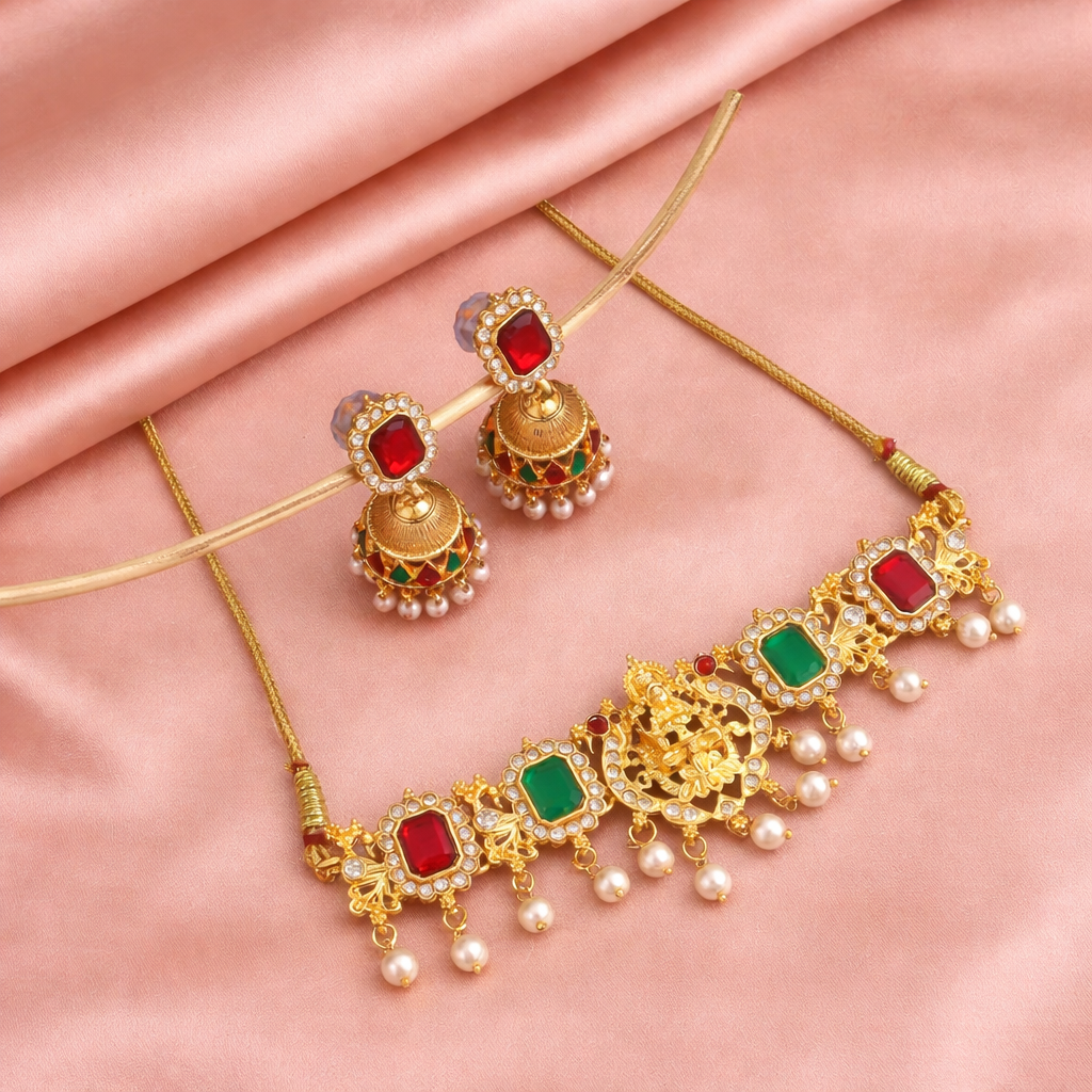 Gold Choker Set with Jhumka Earrings