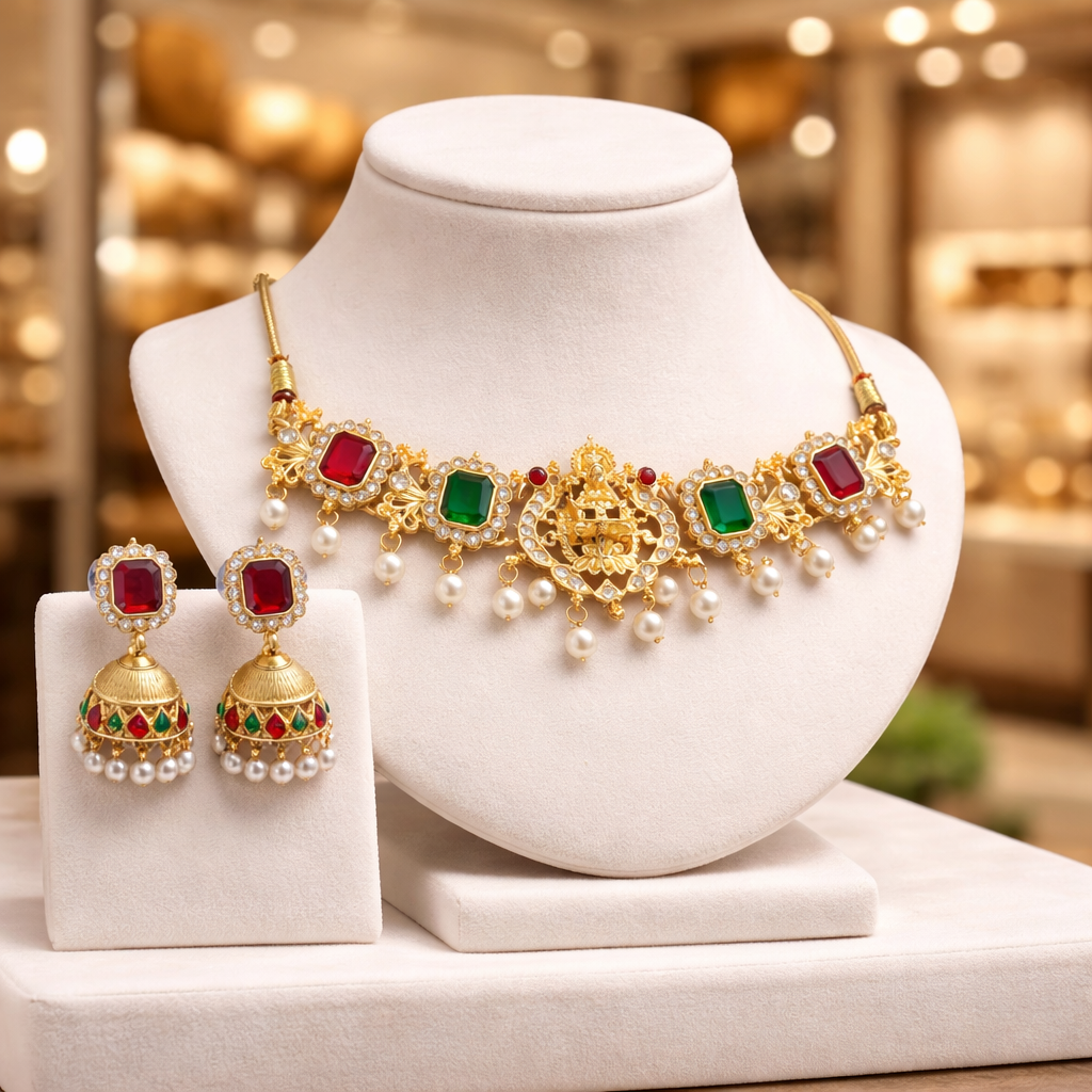 Gold Choker Set with Jhumka Earrings