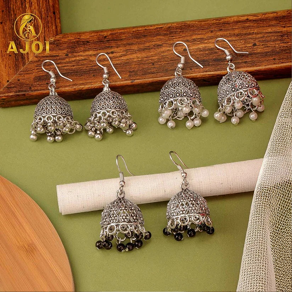 Silver Plated jhumka Earrings 3Pairs